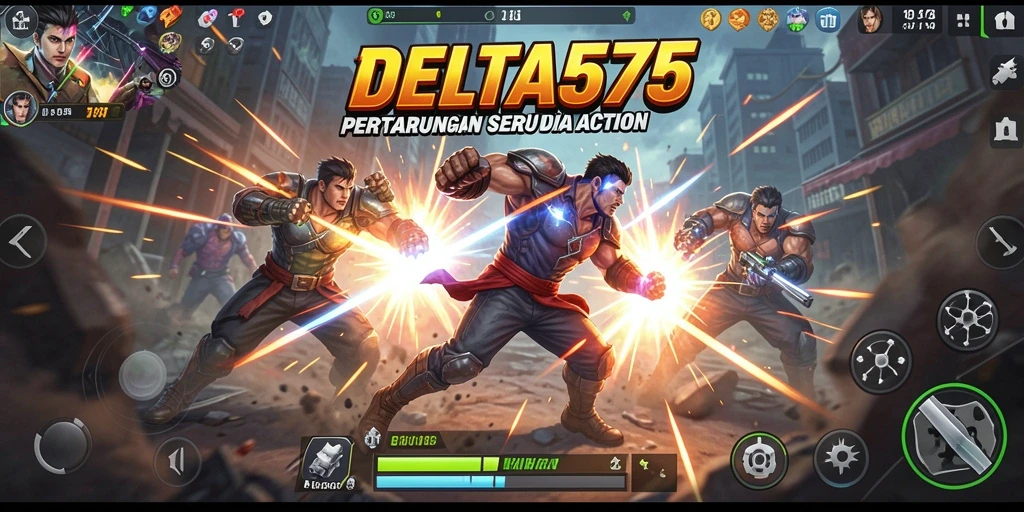 Screenshot utama DELTA575 menampilkan aksi intens di medan perang.
