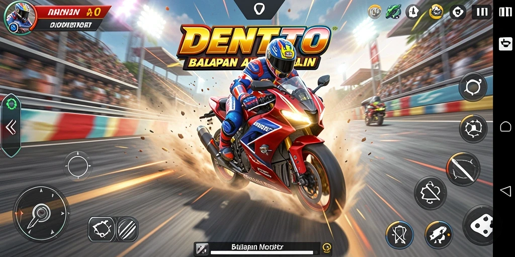 Screenshot gameplay DENTOTO menampilkan aksi balapan motor yang mendebarkan.