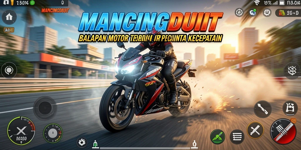 Screenshot MANCINGDUIT menampilkan aksi balapan motor yang mendebarkan.