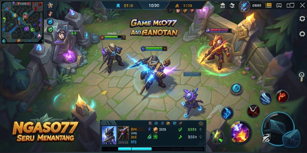 Tangkapan layar gameplay NGASO77 yang menunjukkan aksi MOBA spektakuler.